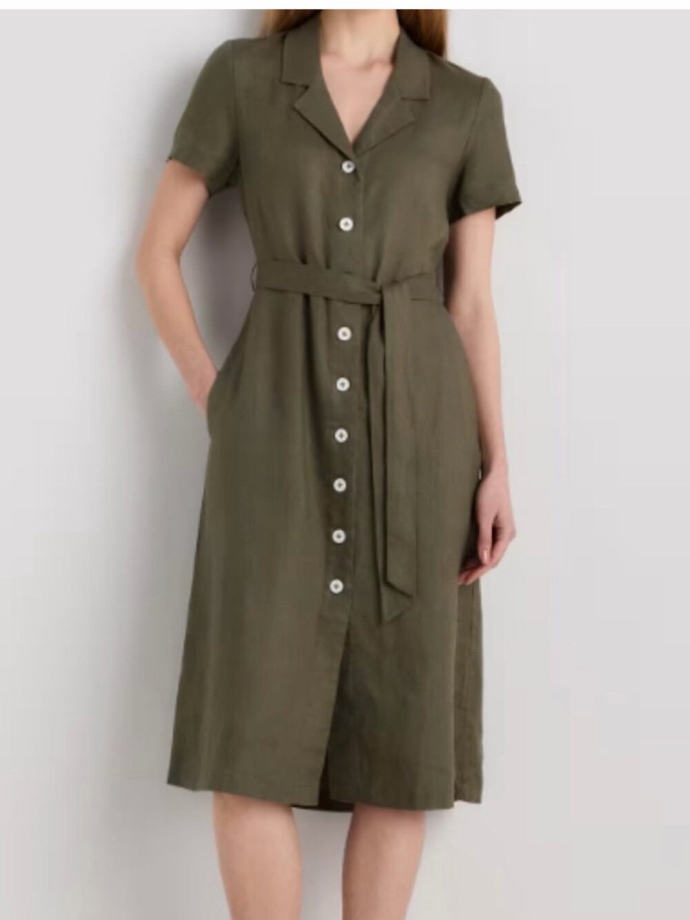 Quince 100% European Linen Button Front Midi Martini Olive Dress Medium